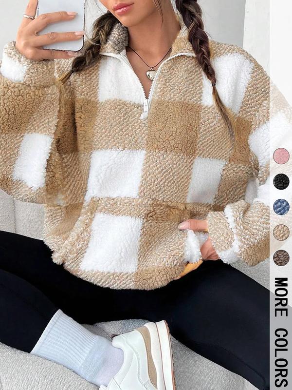 Jill – Stylish Plaid Print Half Zip Casual Long Sleeve Sweatshirt