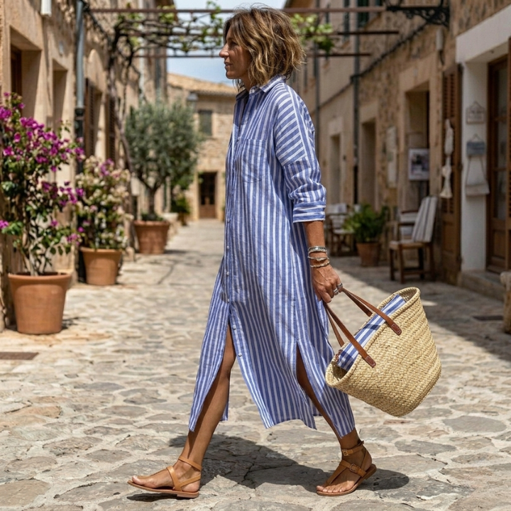 Sophia – Striped Linen Midi Shirt Dress