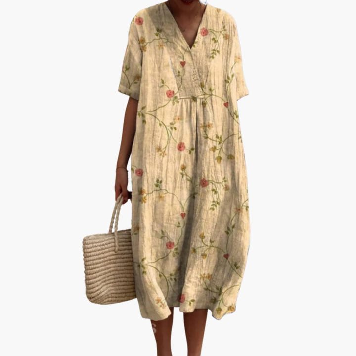 Shirley – Floral Cotton V-Neck Short Sleeve Oversized Casual Midi Dress