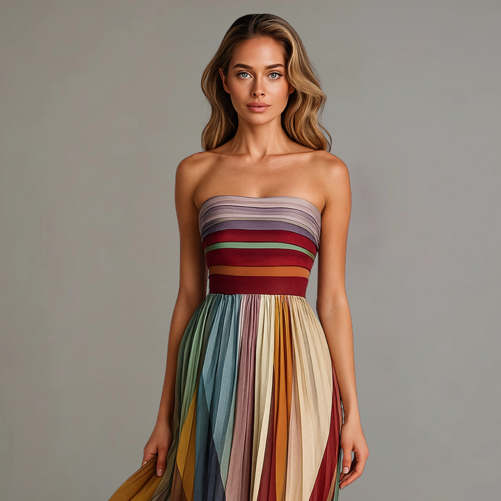 Audrey – Strapless Colourful Pleated Summer Maxi Dress