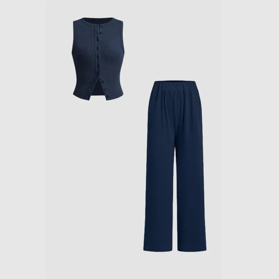 Claire – Elegant Ribbed Button Tank and Pants Set