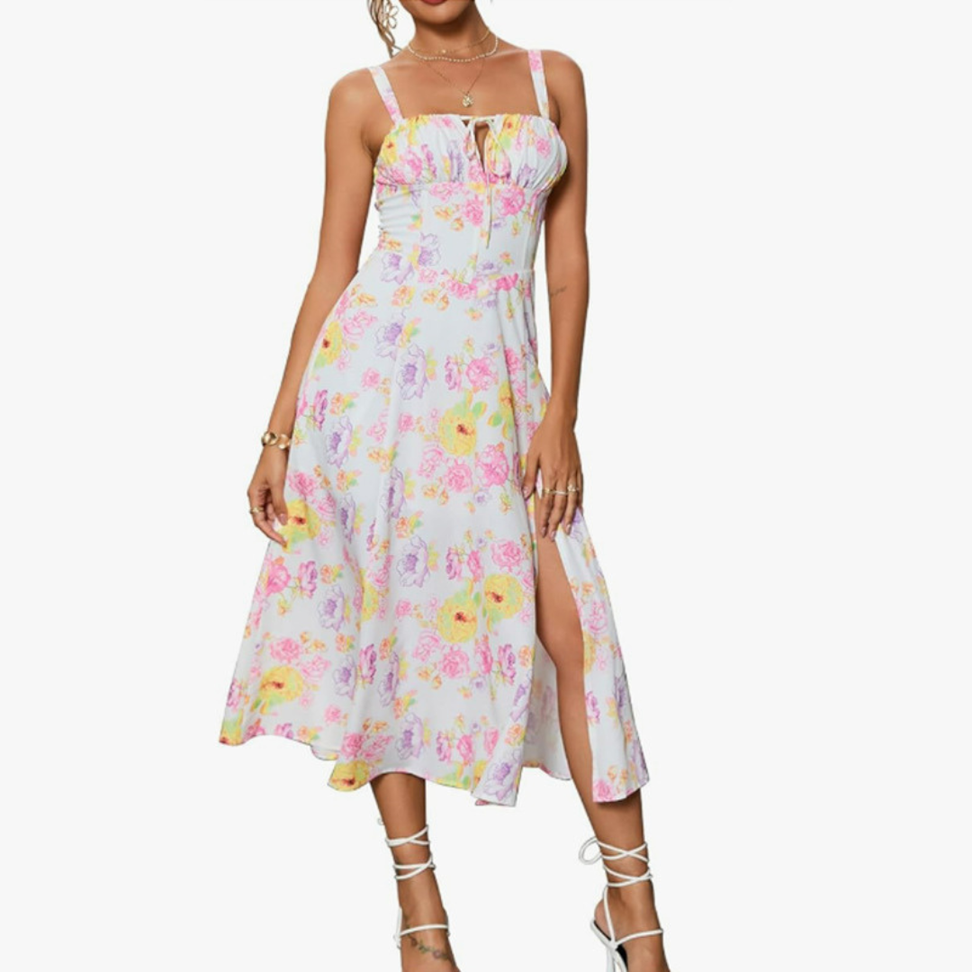 Anthea – Elegant Lace-Up Square Neck Midi Dress