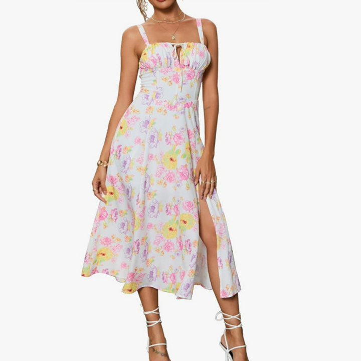 Anthea – Elegant Lace-Up Square Neck Midi Dress