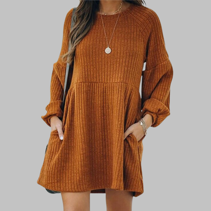 Anthea – Cosy Ribbed Bishop Sleeve Round Neck Mini Dress
