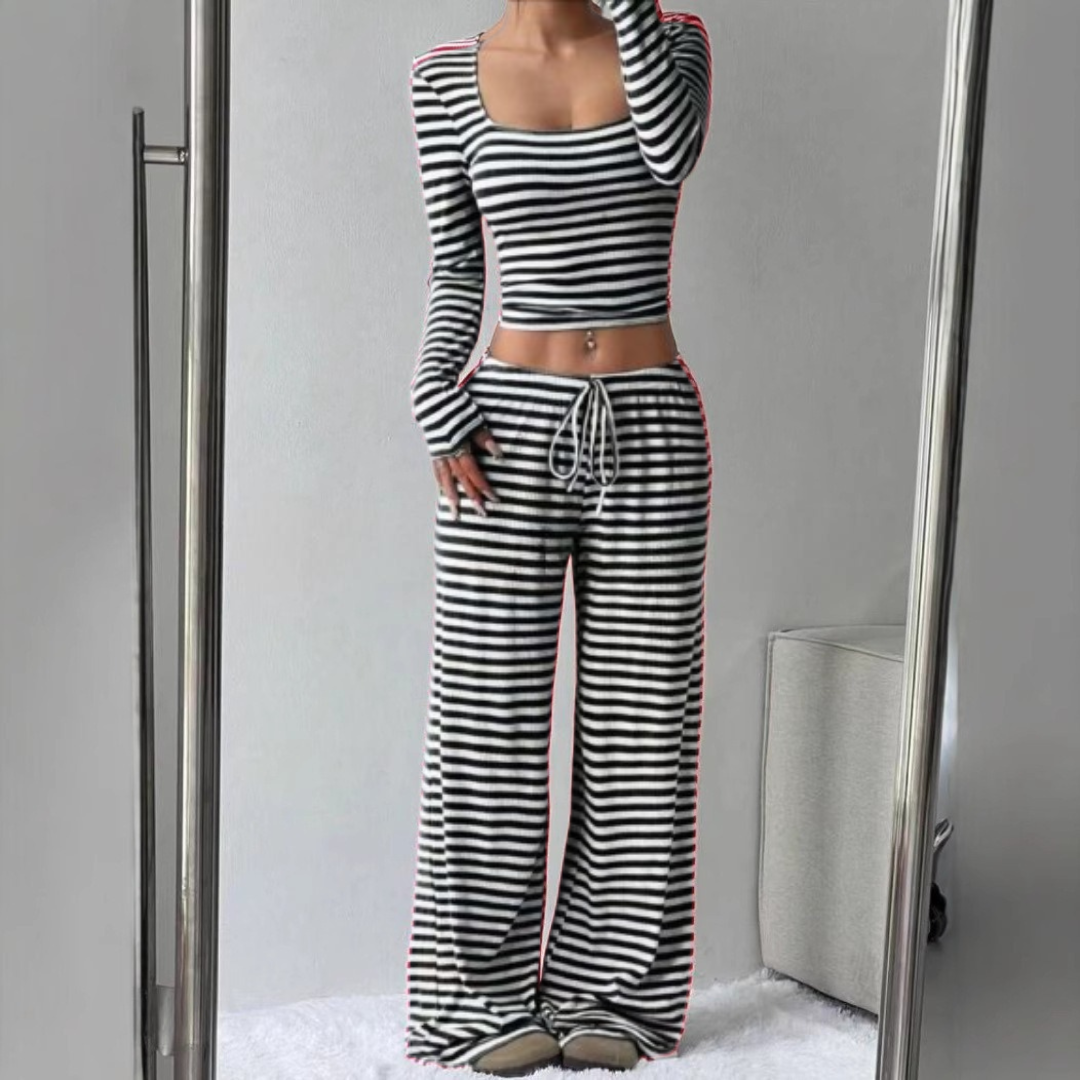 Stephanie – Ribbed Crop Top and Elastic Waist Pants Casual Set