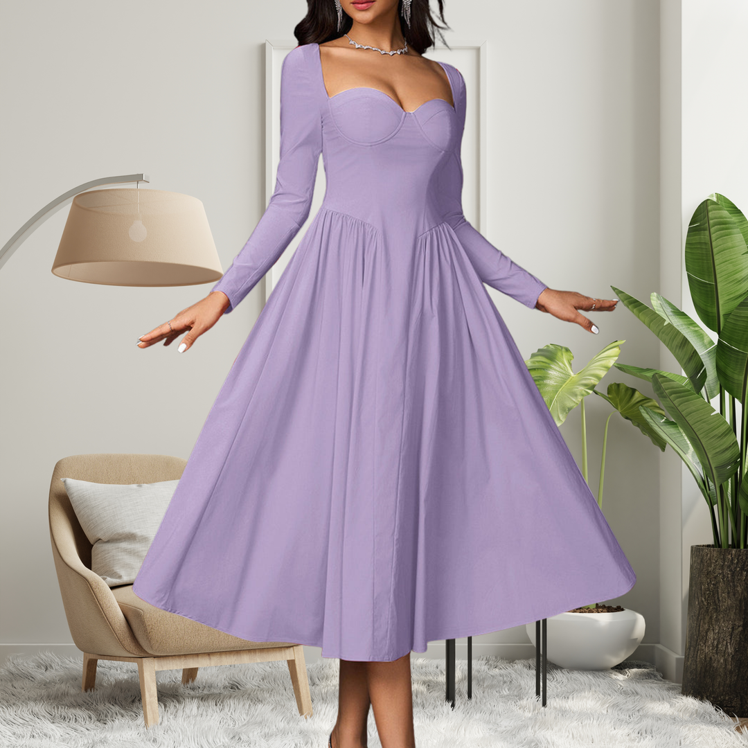Cheryl – Elegant Heart Neckline Long Sleeve A-Line Maxi Dress