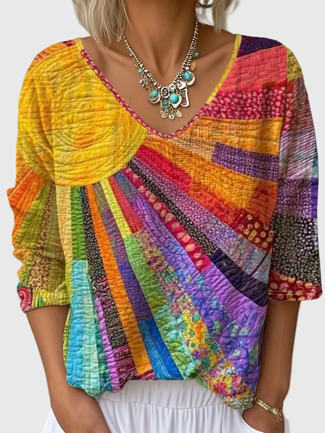 Susan – Artistic Radiating Print V Neck Top