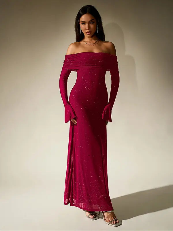 Andrea – Off-The-Shoulder Ruched Contrast Sequin Bodycon Dress