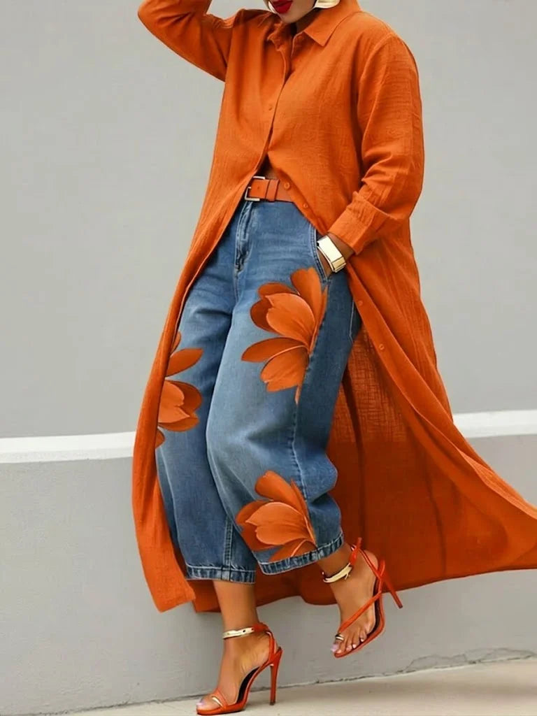Sylvia – Linen Shirt Dress and Floral Jeans Set