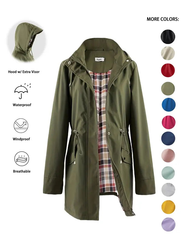 Sarah – Casual Drawstring Zip Up Hooded Trench Coat
