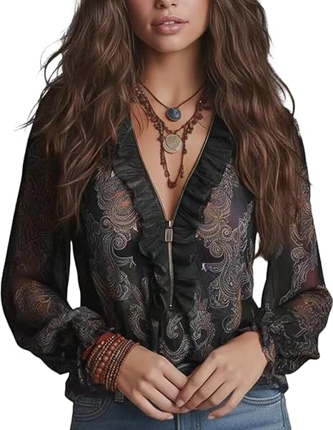 Sylvia – Baroque Paisley Ruffle Zip Chiffon Blouse