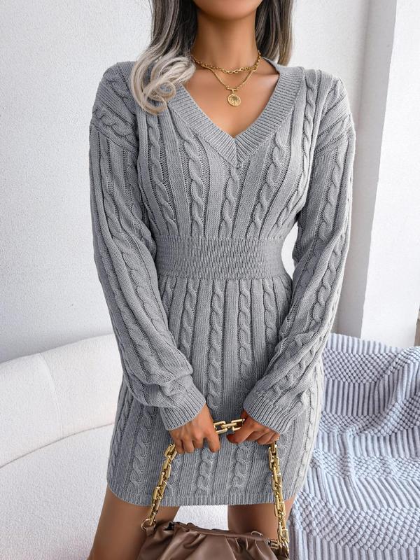 Holly – Cosy Long Sleeve V-Neck Cable Knit Sweater Dress
