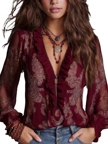 Sylvia – Baroque Paisley Ruffle Zip Chiffon Blouse
