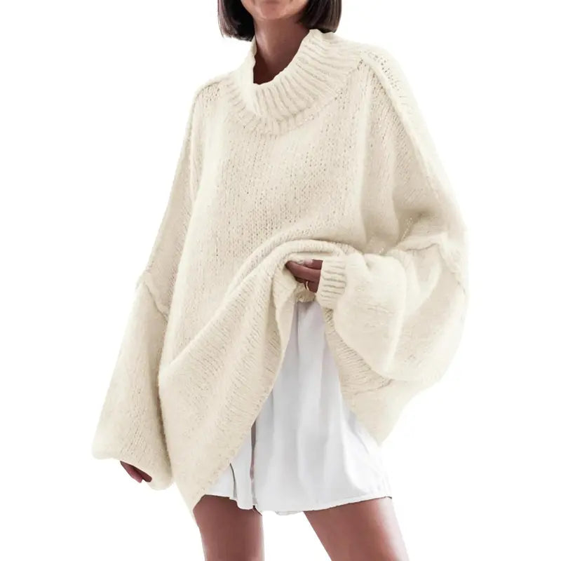 Anthea – Ribbed Knit Mock Neck Batwing Long Sleeve Tunic Sweater