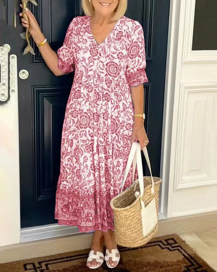 Sophie – Floral Midi Dress with Puff Sleeves