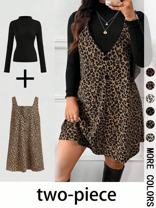 Cressida – High Neck Top and Leopard Print Strap Skirt Two-Piece Set