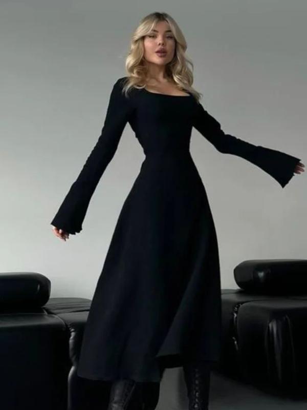 Erin – Sophisticated Lace-Up Tie Back Flounce Sleeve A-Line Long Dress