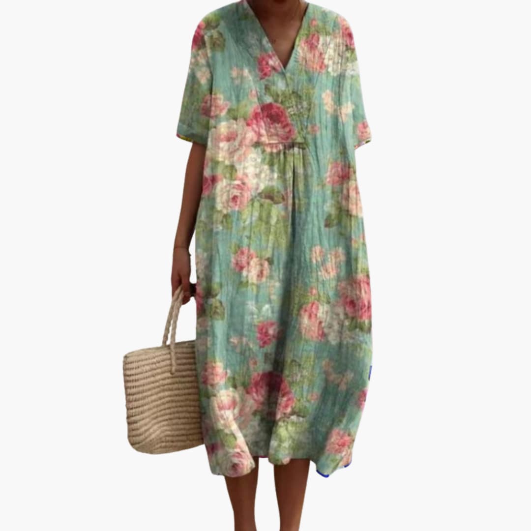 Shirley – Floral Cotton V-Neck Short Sleeve Oversized Casual Midi Dress