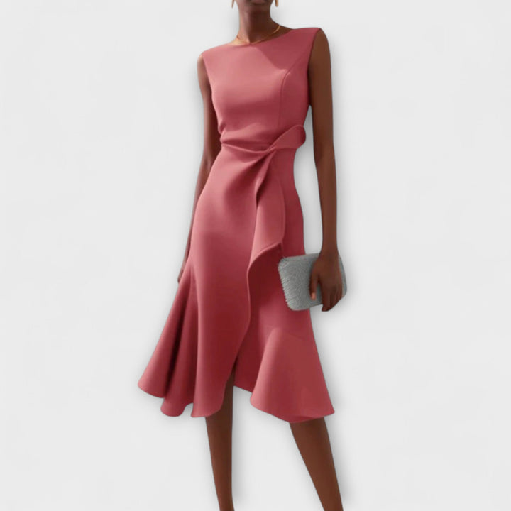 Stephanie – Draped Asymmetric Midi Dress