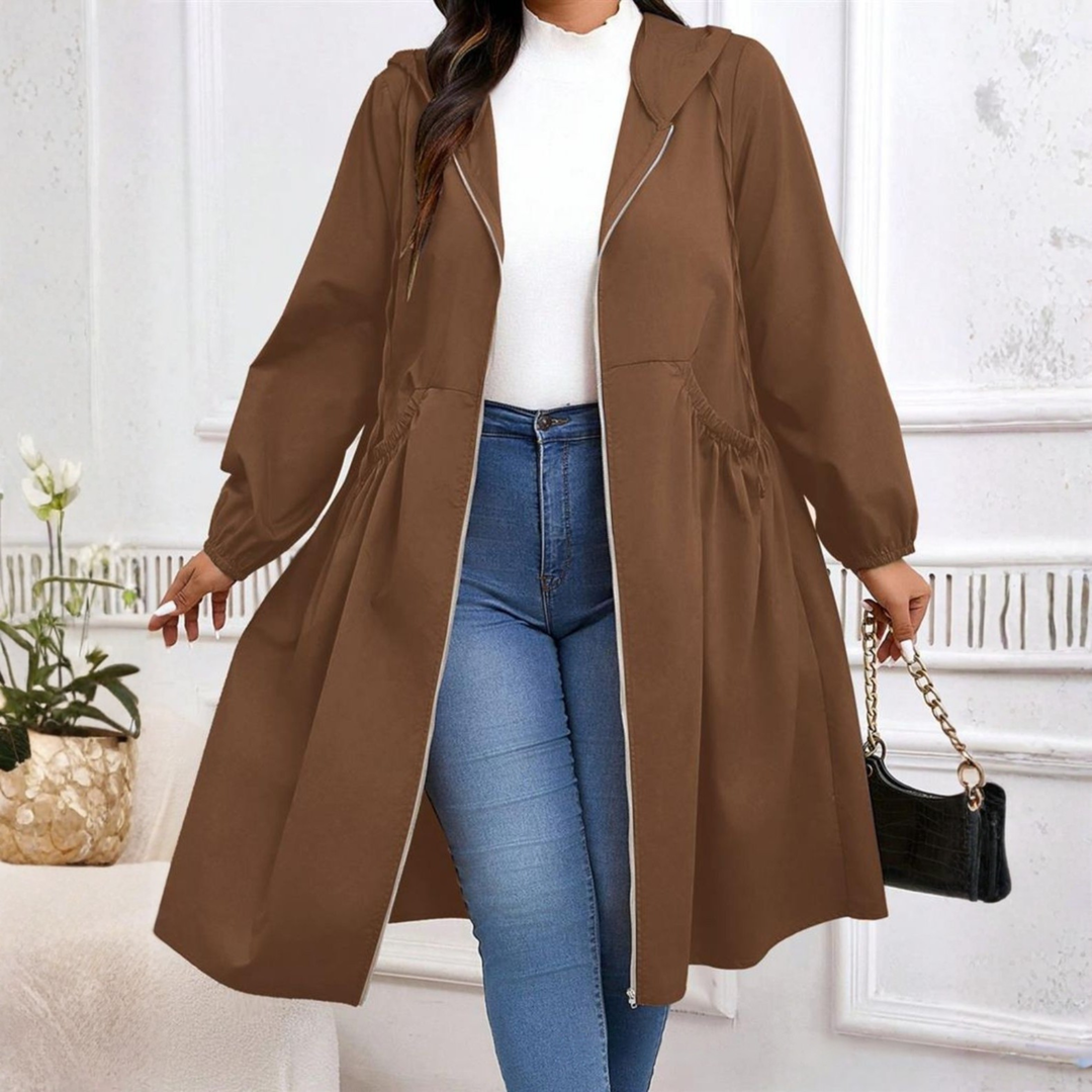 Sally – Casual Plus Size Drawstring Zip-Up Hooded Long Sleeve Coat