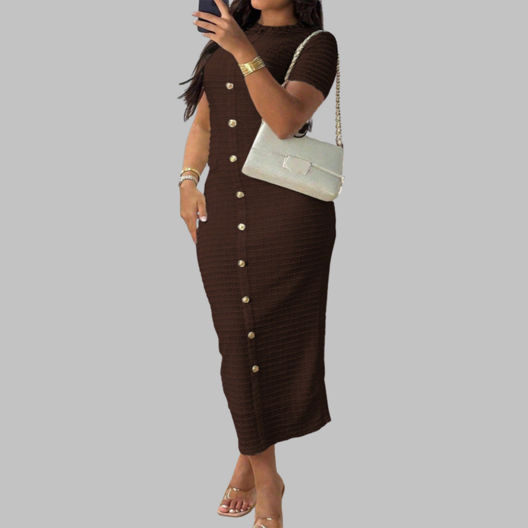 Rachel – Elegant Round Neck Faux Button Dress