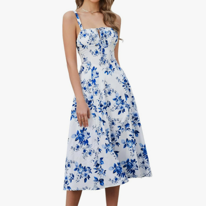 Anthea – Elegant Lace-Up Square Neck Midi Dress