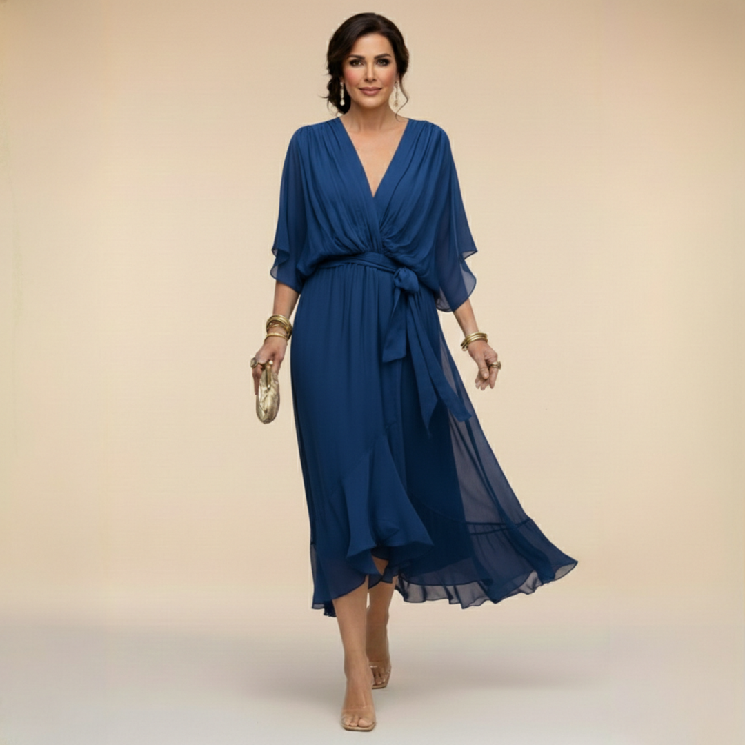 Monica – Flowing V-Neck Wrap Midi Dress