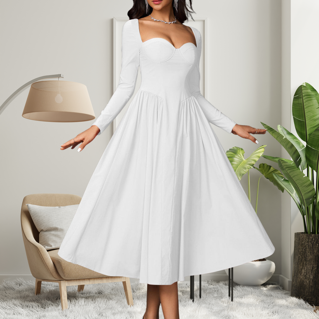 Cheryl – Elegant Heart Neckline Long Sleeve A-Line Maxi Dress
