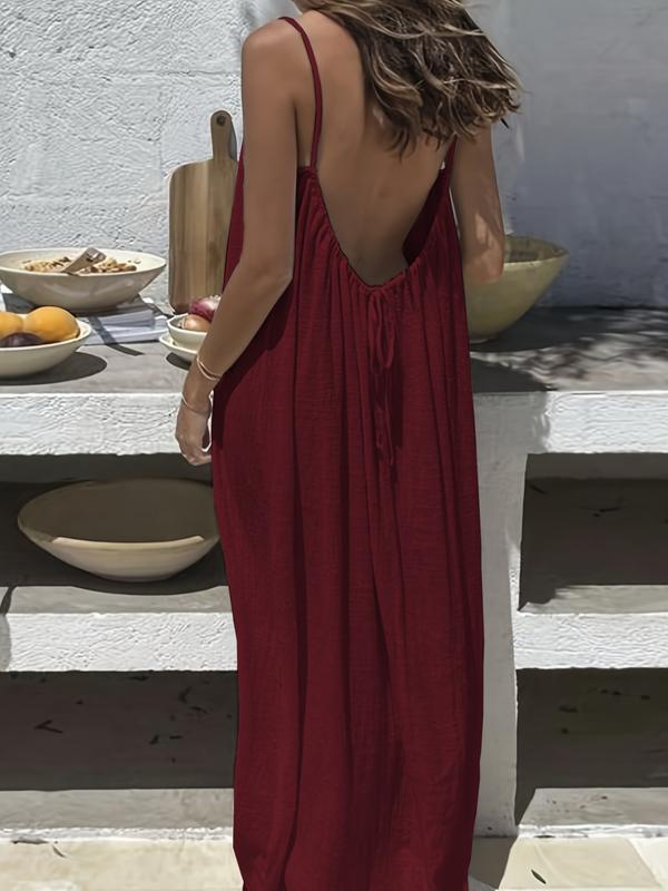 Nancy – Simple Solid Backless Cami Beach Dress