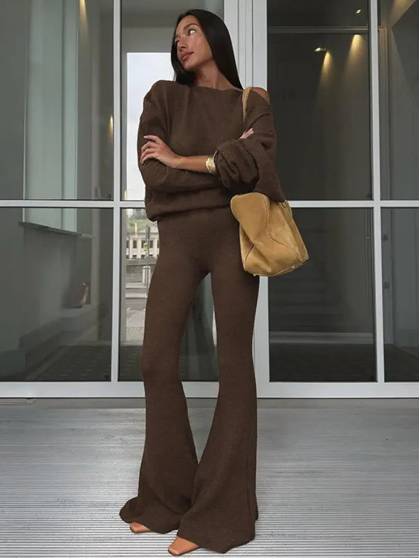 Onna – Chic Asymmetrical Neck Top and Flare Pants Set
