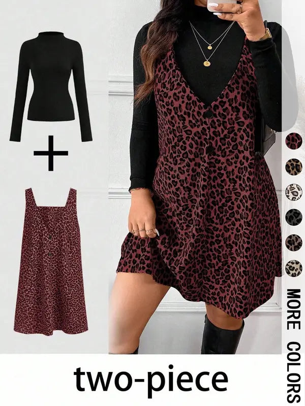 Cressida – High Neck Top and Leopard Print Strap Skirt Two-Piece Set