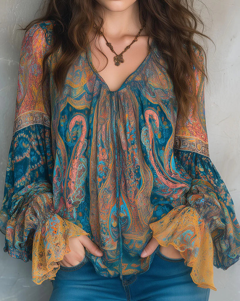 Ottoline – Bohemian V-Neck Blouse With Flared Sleeves