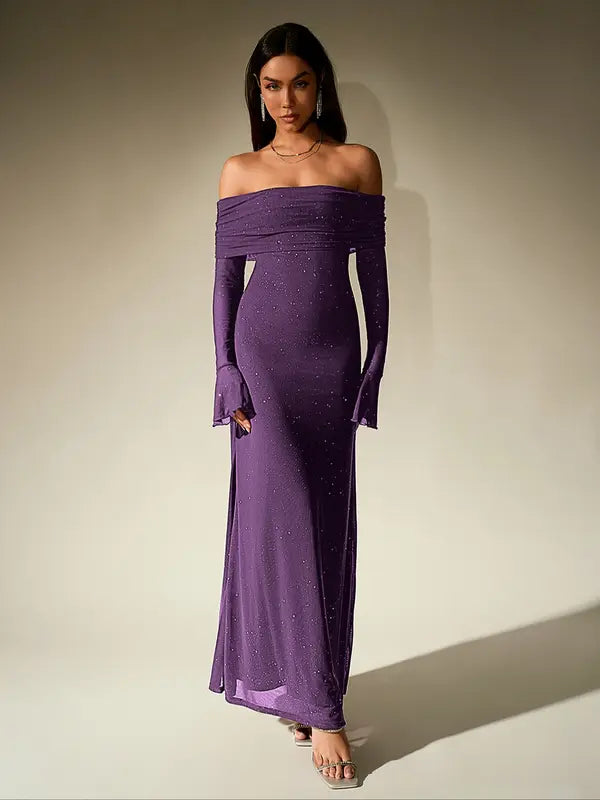 Andrea – Off-The-Shoulder Ruched Contrast Sequin Bodycon Dress