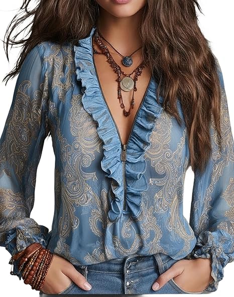 Sylvia – Baroque Paisley Ruffle Zip Chiffon Blouse