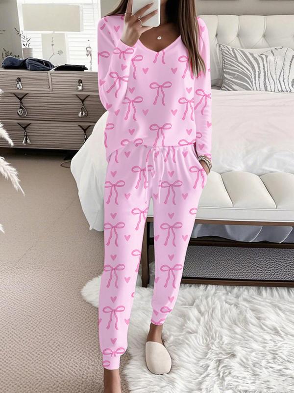 Hallie – Bow Print V-Neck Long Sleeve Top and Tie Waist Pants Set