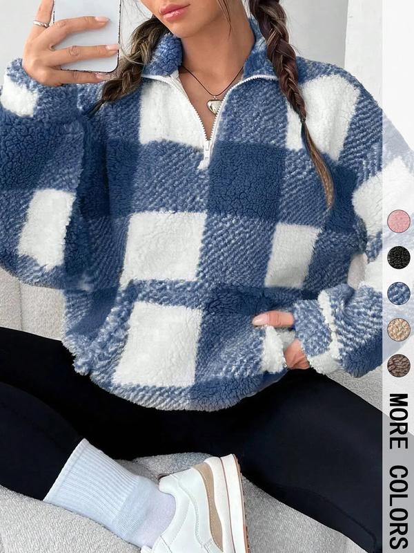 Jill – Stylish Plaid Print Half Zip Casual Long Sleeve Sweatshirt
