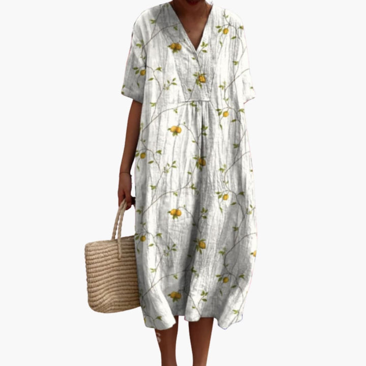 Shirley – Floral Cotton V-Neck Short Sleeve Oversized Casual Midi Dress