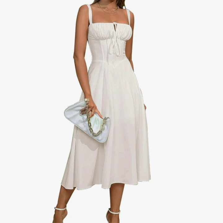 Anthea – Elegant Lace-Up Square Neck Midi Dress