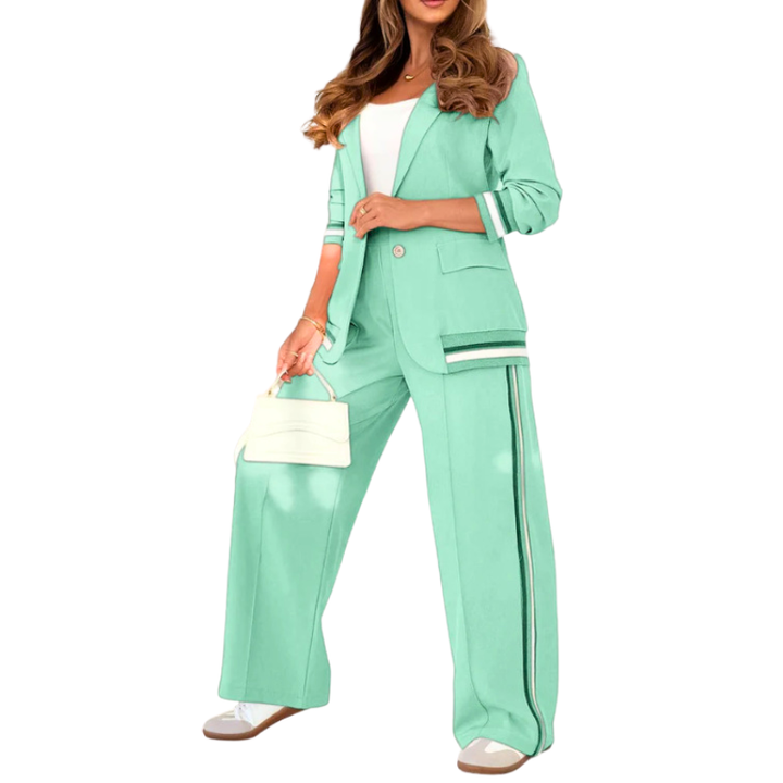 Anthea – Elegant Patchwork Lapel Neck Top and Elastic Waist Trouser Set