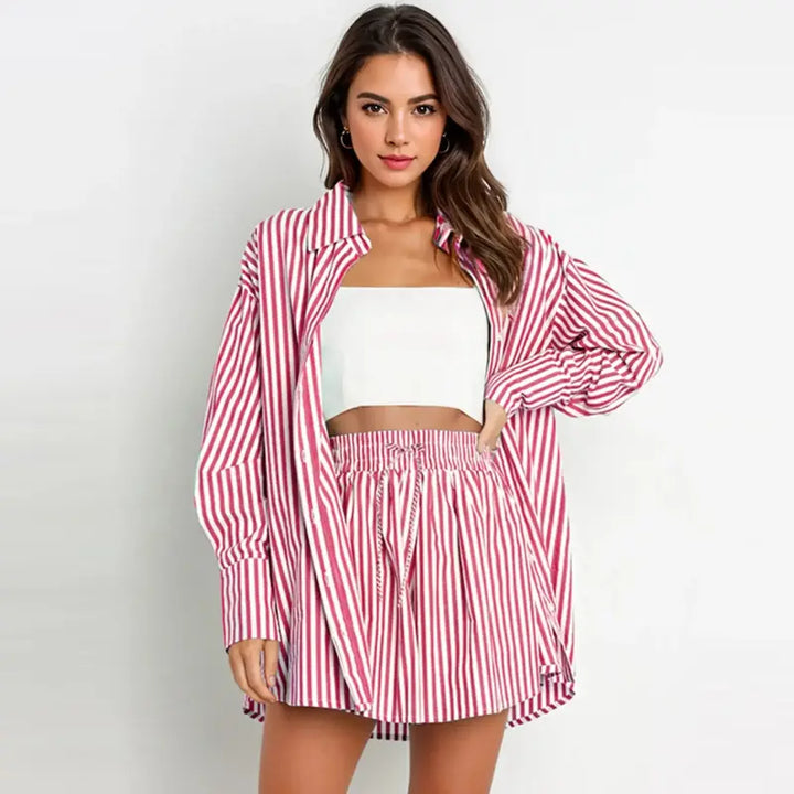 Deirdre – Chic Striped Collared Shirt and Wide Leg Shorts Set