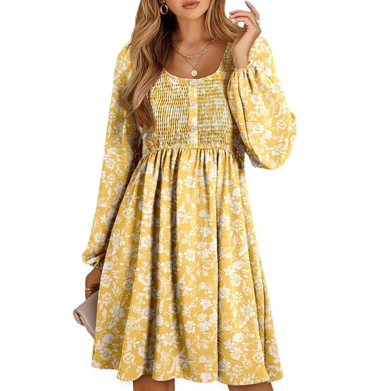 Nancy – Casual Smocked Empire Waist A-Line Dress with Button-Up Detail