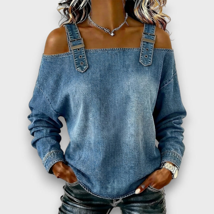 Danika – Off-Shoulder Denim-Look Long Sleeve Top