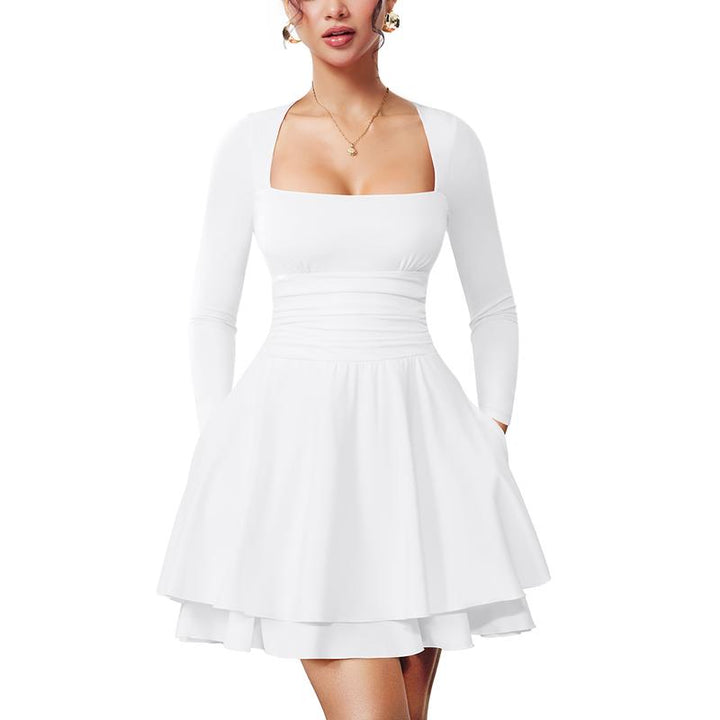 Winona – Square Neck Ruched Waist Long Sleeve Ruffle Hem Mini Dress