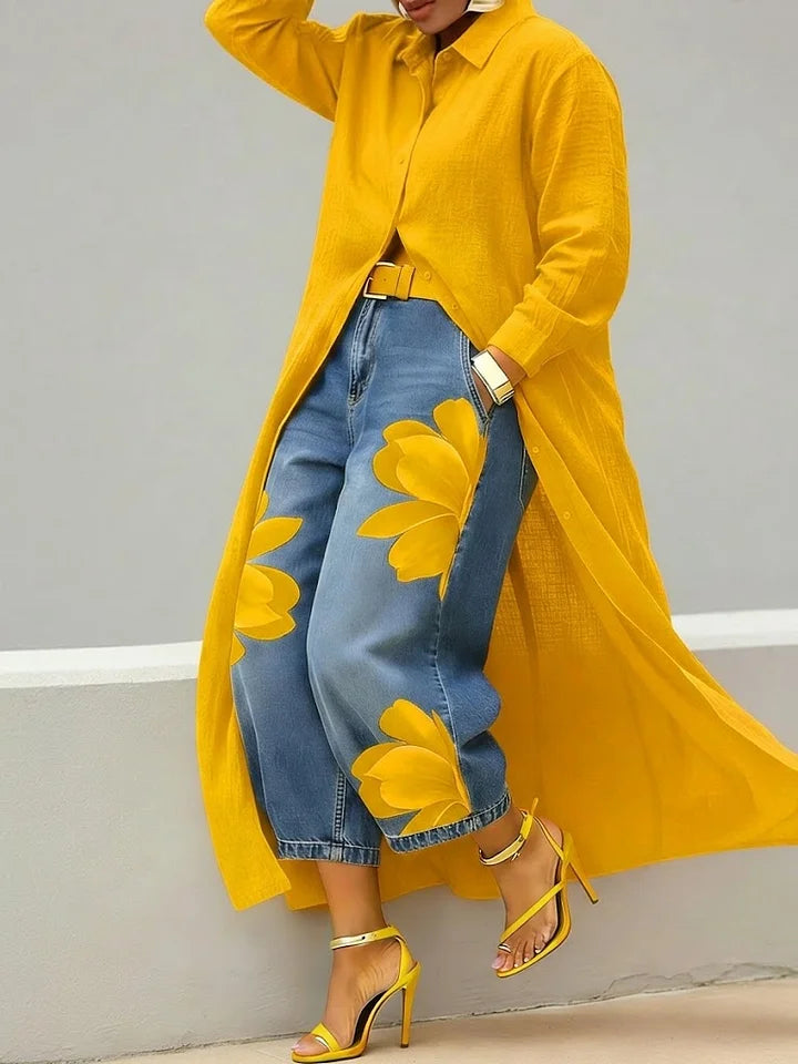 Sylvia – Linen Shirt Dress and Floral Jeans Set