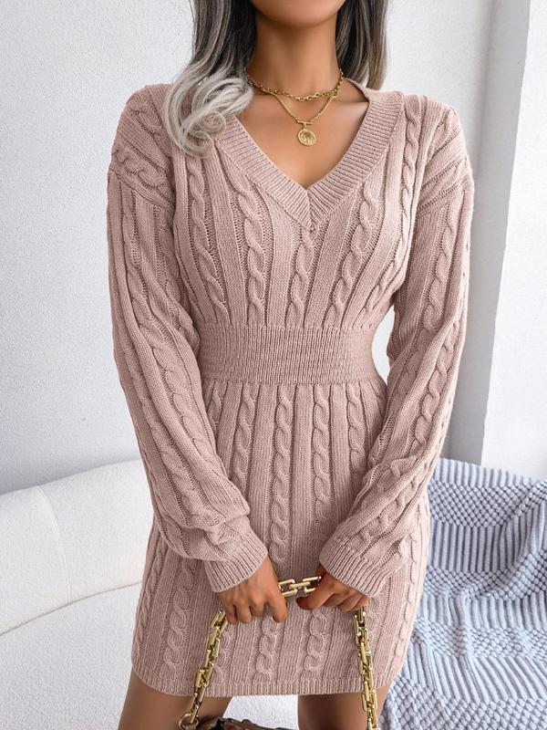 Holly – Cosy Long Sleeve V-Neck Cable Knit Sweater Dress