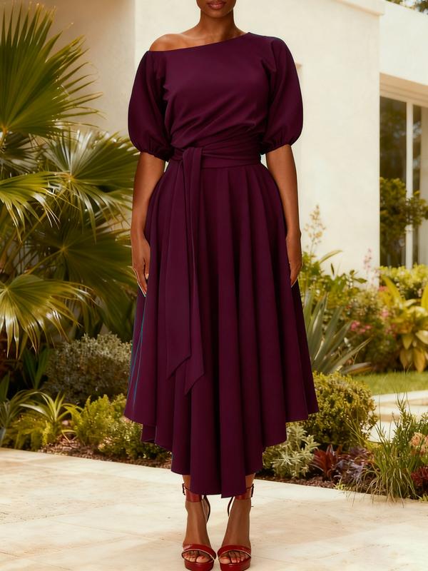 Deirdre – Elegant Belted Bishop Sleeve Boat Neck A-Line Dress