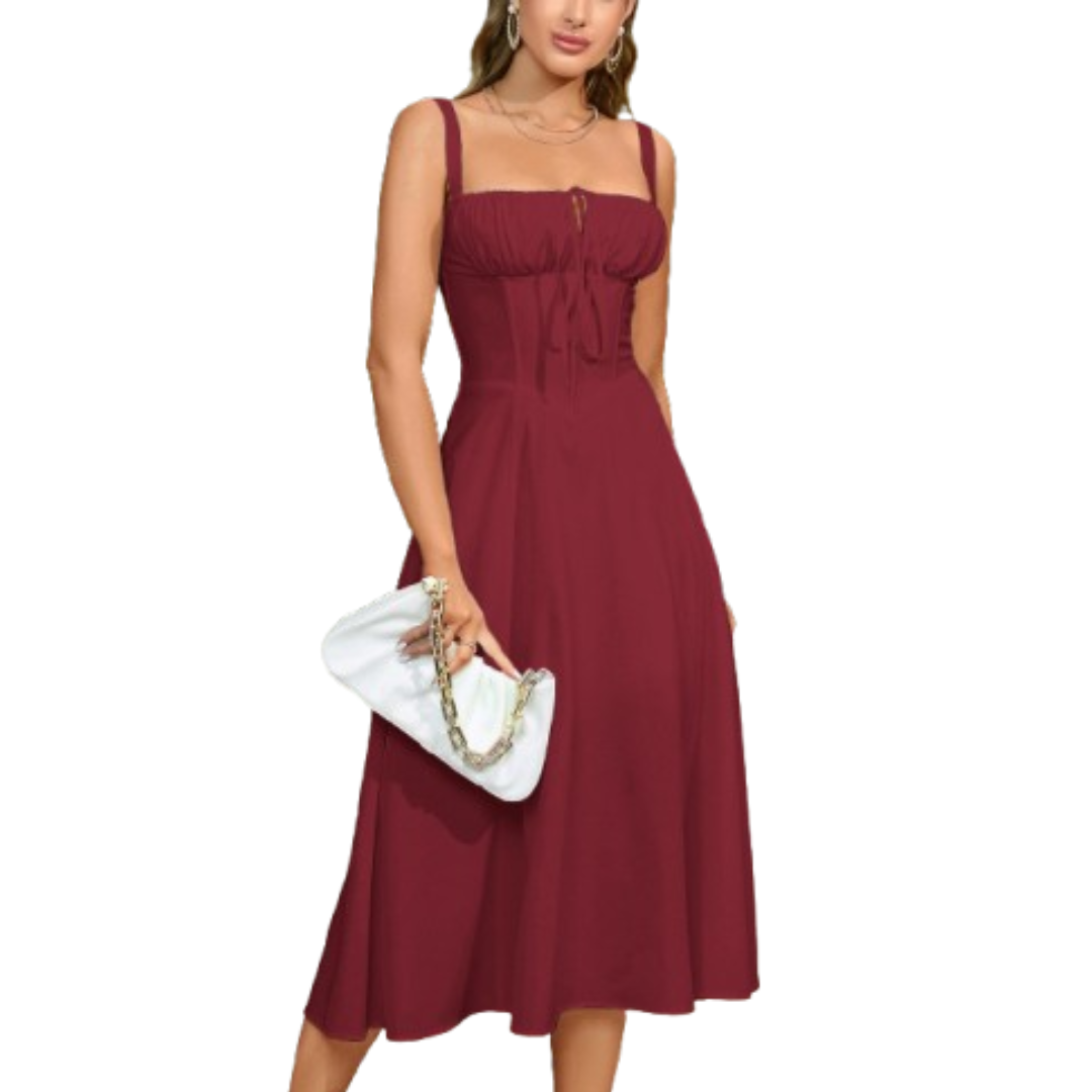 Anthea – Elegant Lace-Up Square Neck Midi Dress