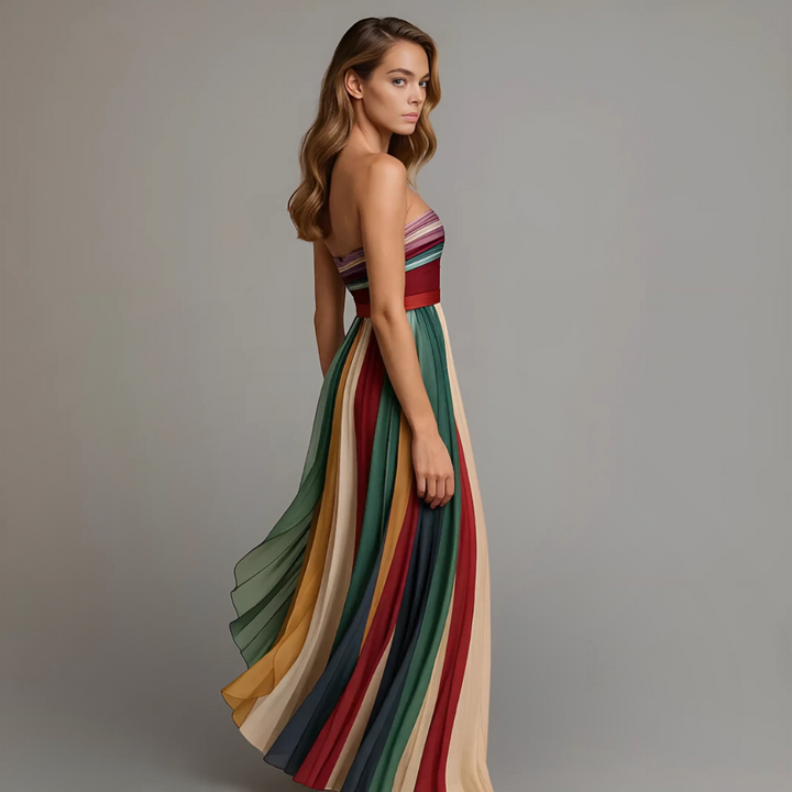 Audrey – Strapless Colourful Pleated Summer Maxi Dress