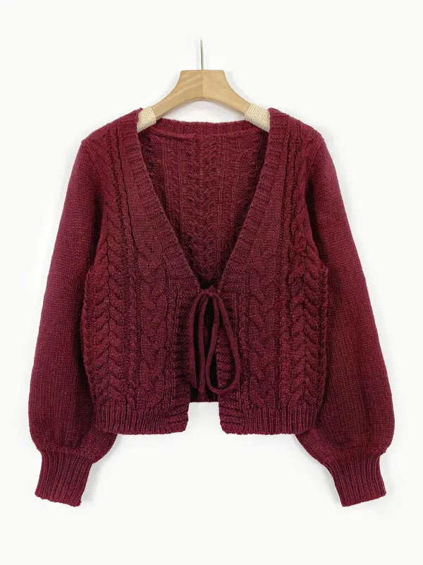Alicia – Casual Drop Shoulder Tie Front V-Neck Long Sleeve Cardigan