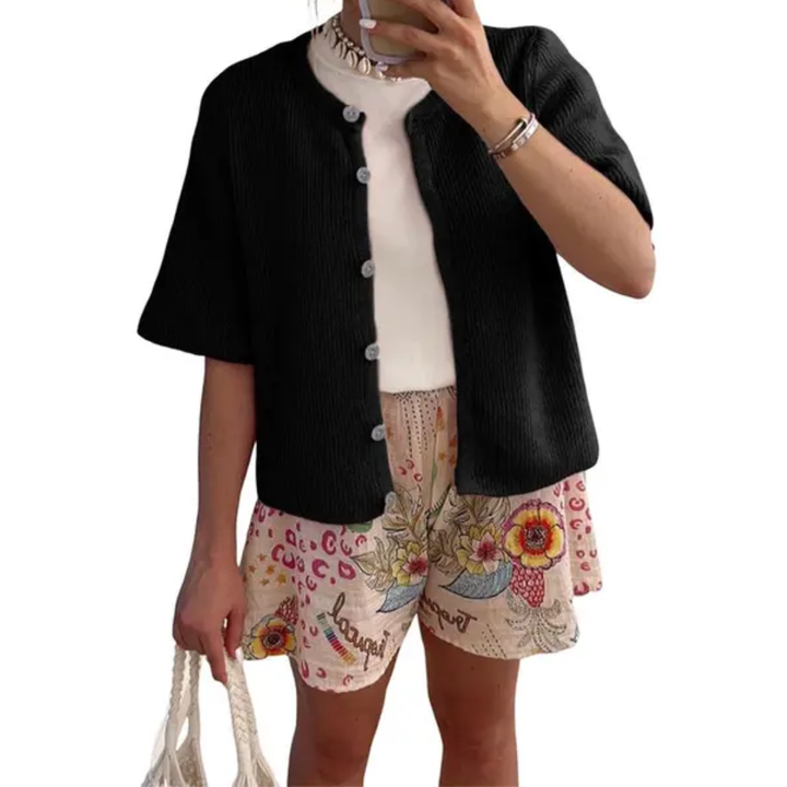 Cheryl – Soft Ribbed Button-Down Short Sleeve Cardigan